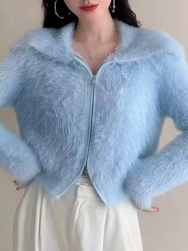 Fluffy Knit Zip-Up Outerwear